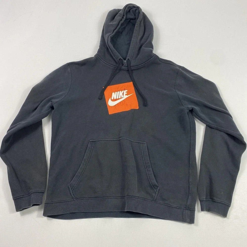 Nike Hoodie Mens Medium Black Orange Swoosh Pullover Sweatshirt CD9247-010